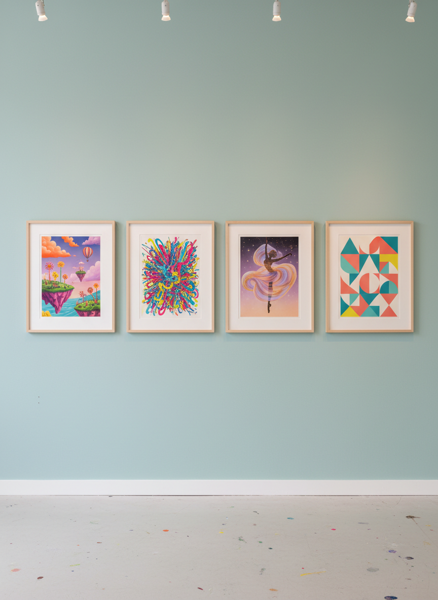 A wide photographic shot of a minimalist gallery-style wall displaying a curated row of framed artworks from an imaginative portfolio: a surreal landscape, an abstract doodle explosion, a dreamy character silhouette, and a geometric color study, all unified by bold, playful color palettes. The frames are simple, light wood with crisp white mats, aligned neatly on a matte pastel wall. Soft studio lighting from above casts even illumination on each piece, with subtle pools of light and barely-there shadows beneath the frames. The floor is smooth, pale concrete with a few paint splatters near the baseboard, hinting at a working studio. Captured straight-on at eye level with sharp focus throughout, the composition feels clean, inviting, and proudly showcases the variety of the art in realistic photographic style.